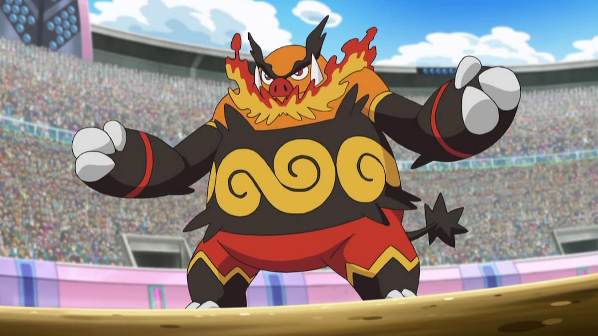 Emboar in a battle stadium in the Pokémon anime.