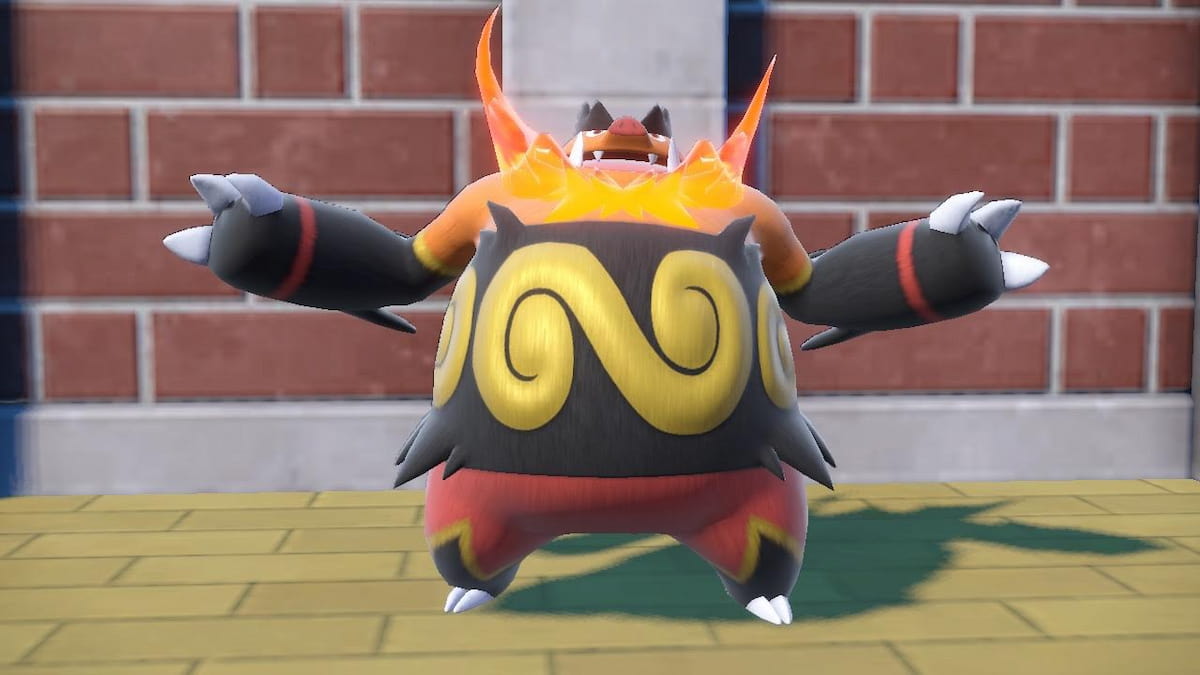 Emboar laughing in front of a brick wall in Pokémon Scarlet and Violet.