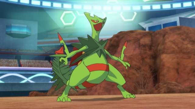 Mega Sceptile in a battle arena in the Pokémon anime.