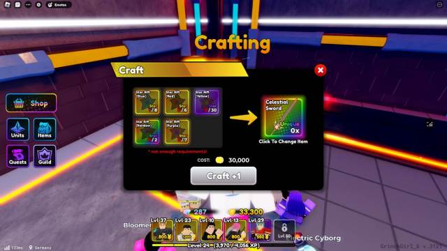 Anime Defenders Celestial Sword crafting recipe