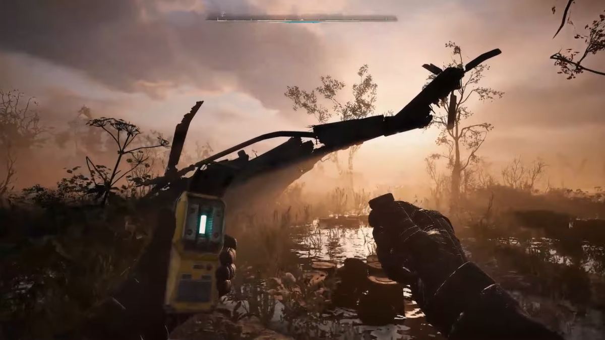 Looking at a crashed helicopter in the dawn light in Stalker 2's trailer