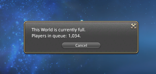 Final Fantasy XIV Dawntrail login queue after mass network issues.