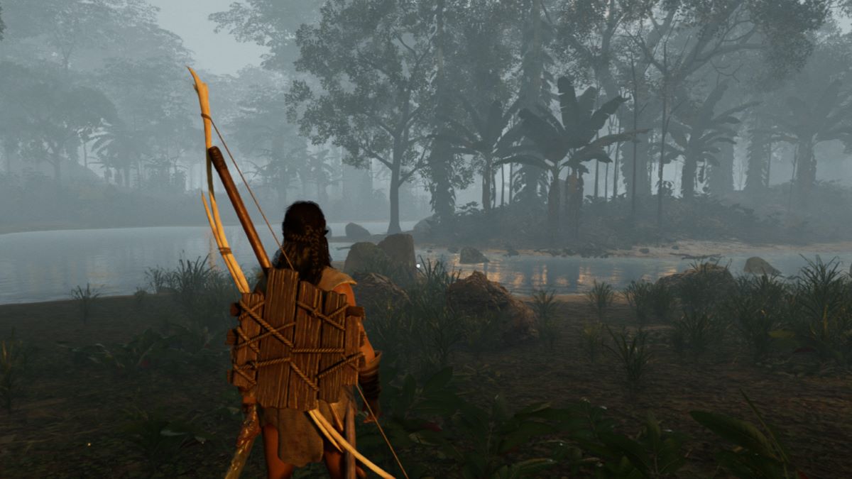 A screenshot of a Soulmask character looking out over a foggy riverbed.