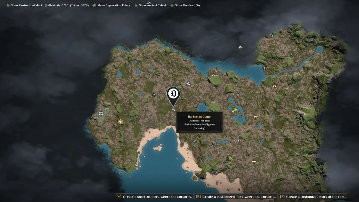 A screenshot of the Soulmask map with a custom pin placed on a barbarian camp.