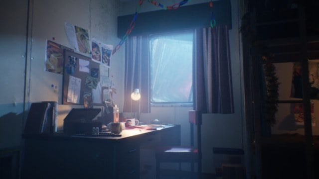 An oil rig room with a desk, mementos and the light from outside illuminating through a window