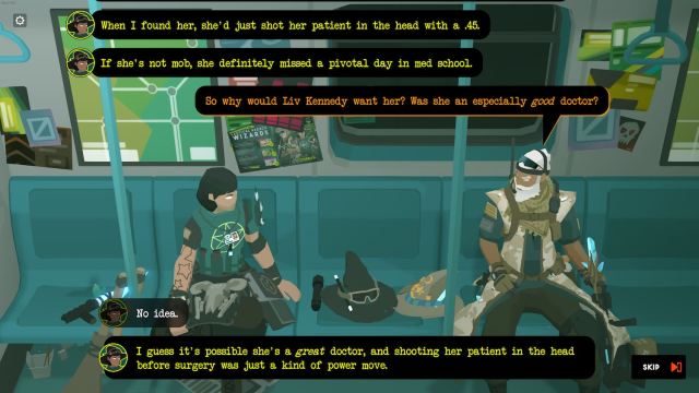 A screenshot from Tactical Breach Wizards, showing two wizards, a man and a woman, sitting on a bench looking at each other with dialogue boxes around them/