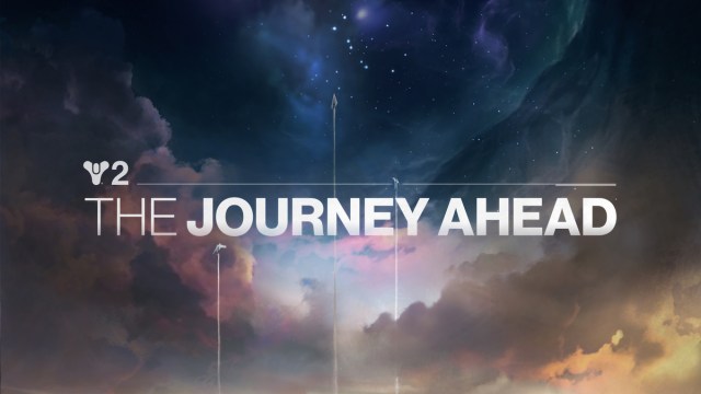 A sky with the Destiny 2 logo and the words "The Journey Ahead" floating over it. Some ships are also flying upward in the picture.