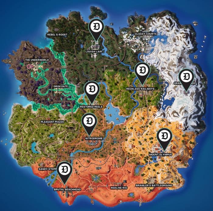 In-game map of Fornite showing locations to collect Ride the Lightning item.