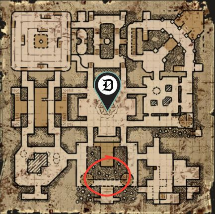 In-game map of the location of spawn for the Ghost King dropping the Skull Key in Dark and Darker.