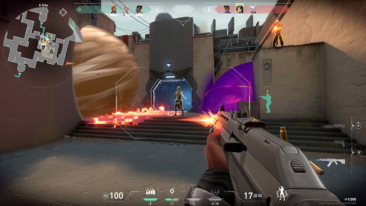 Valorant console focus, showing a player shooting a gun at an enemy