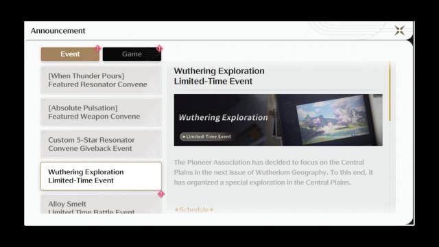 A news page for the Exploration event in Wuthering Waves.