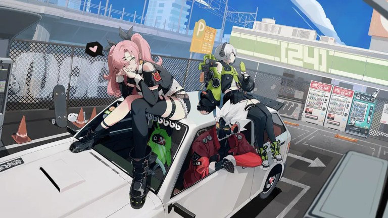 Two Zenless Zone Zero characters sitting on a car.