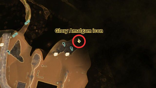 Map of Shin Megami Tensei V highlighting the location of a Glory Amalgam icon with a red circle, showing key areas and pathways in the surrounding environment