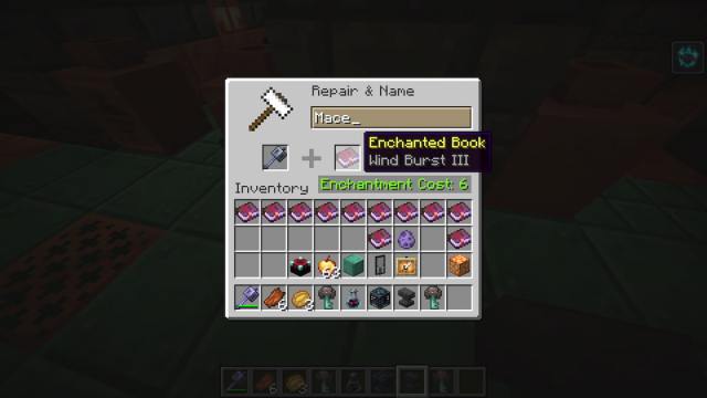 Applying the Wind Burst enchantment in Minecraft.