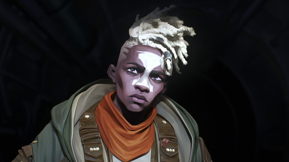 Ekko from Arcane walks out of a shadowy steel corridor while looking at something.