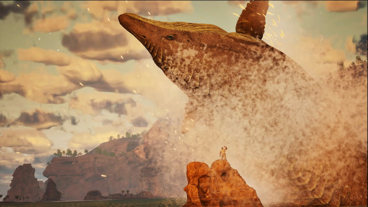 Ark Survival Ascended screenshot featuring the massive whale-like Shastasaurus jumping out of the sea