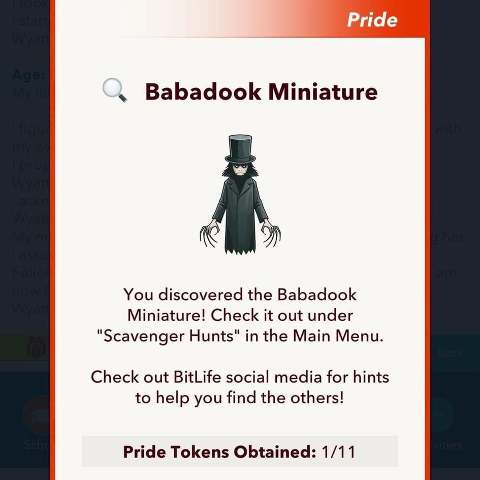 The Babadook Miniature task complete in BitLife.