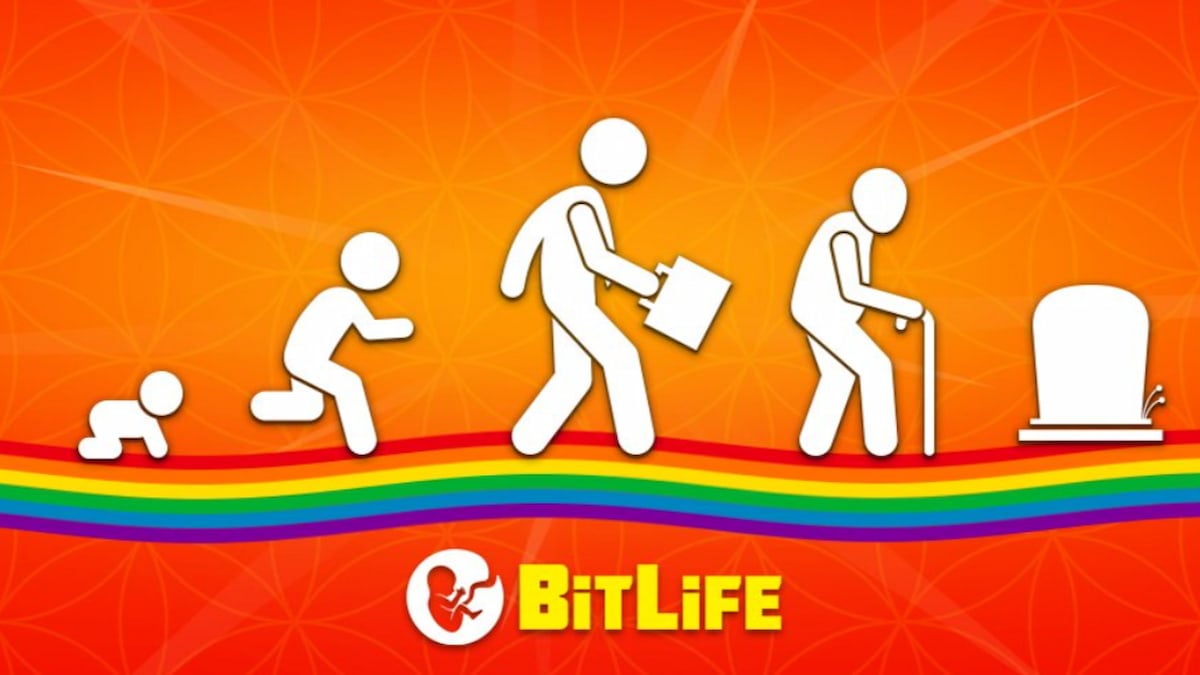 The BitLife logo by a rainbow and various life stages.