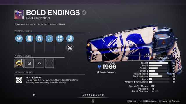 Bold Endings craftable hand cannon in Destiny 2