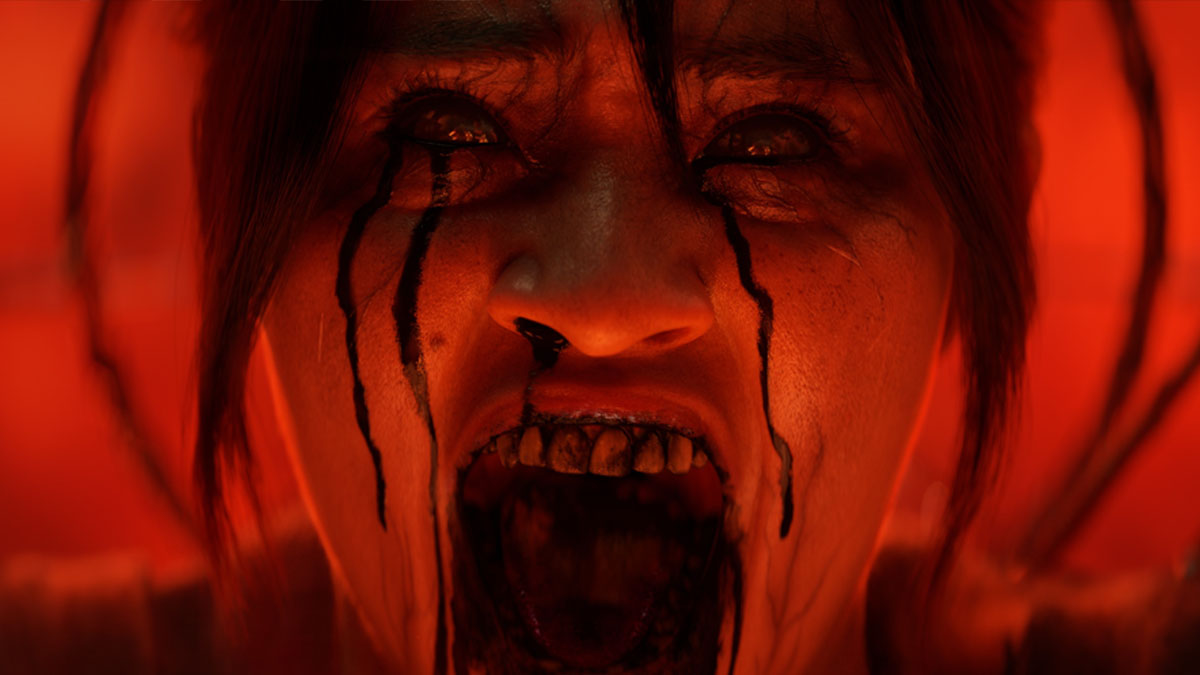 A girl screams as blood pours down her face in Diablo 4.