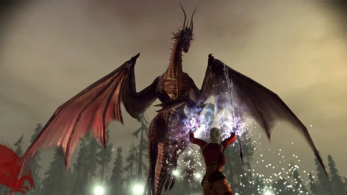 An image of Wynne fighting a dragon in Dragon Age: Origins
