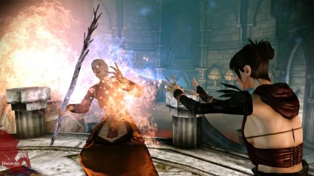An image of Morrigan burning Wynne in Dragon Age: Origins