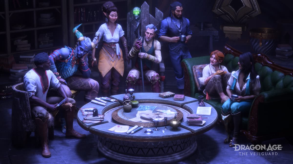 All companions in Dragon Age: The Veilguard sitting around a table.