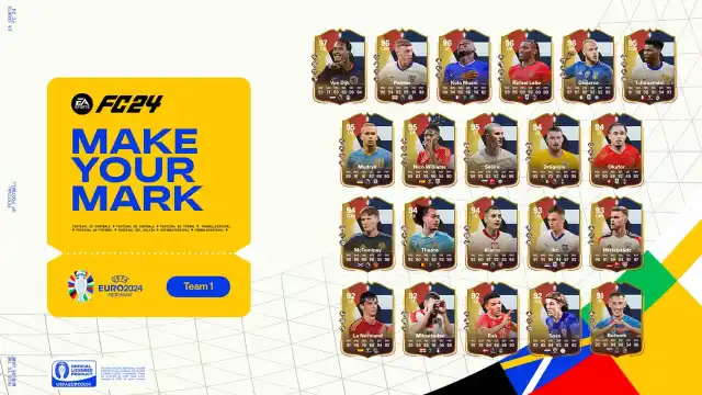 EA FC 24 Make Your Mark Euro 2024 Team 1, all cards on white background with yellow logo on the left