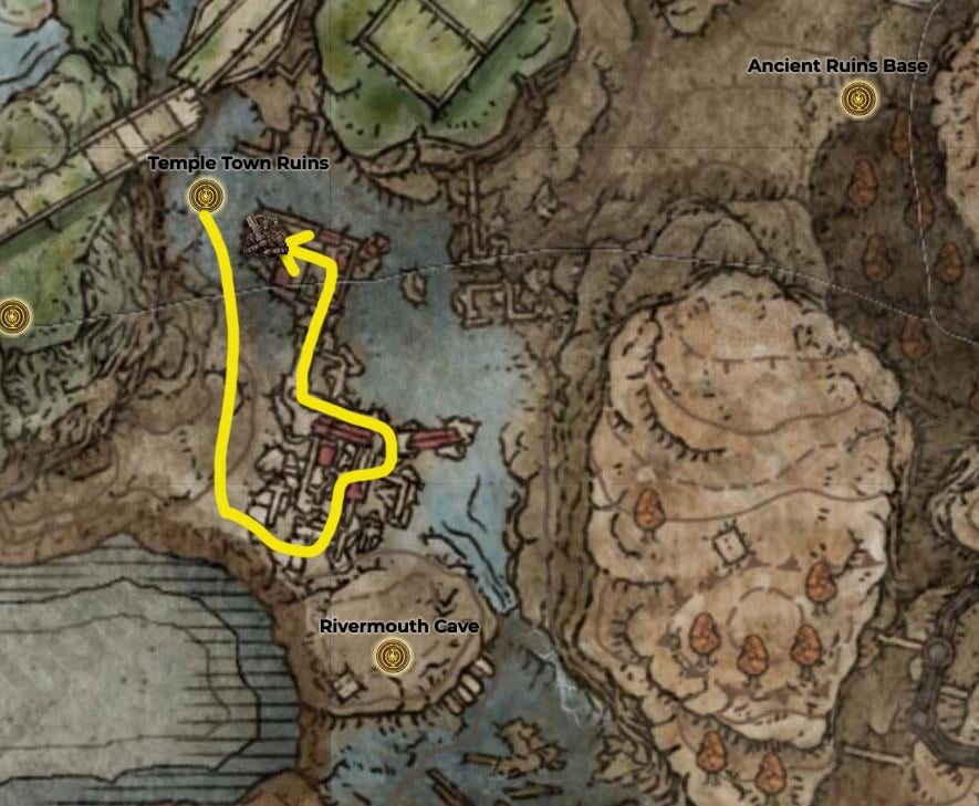 The location of Two-Handed Sword Talisman drawn on the Elden Ring Shadow of the Erdtree map