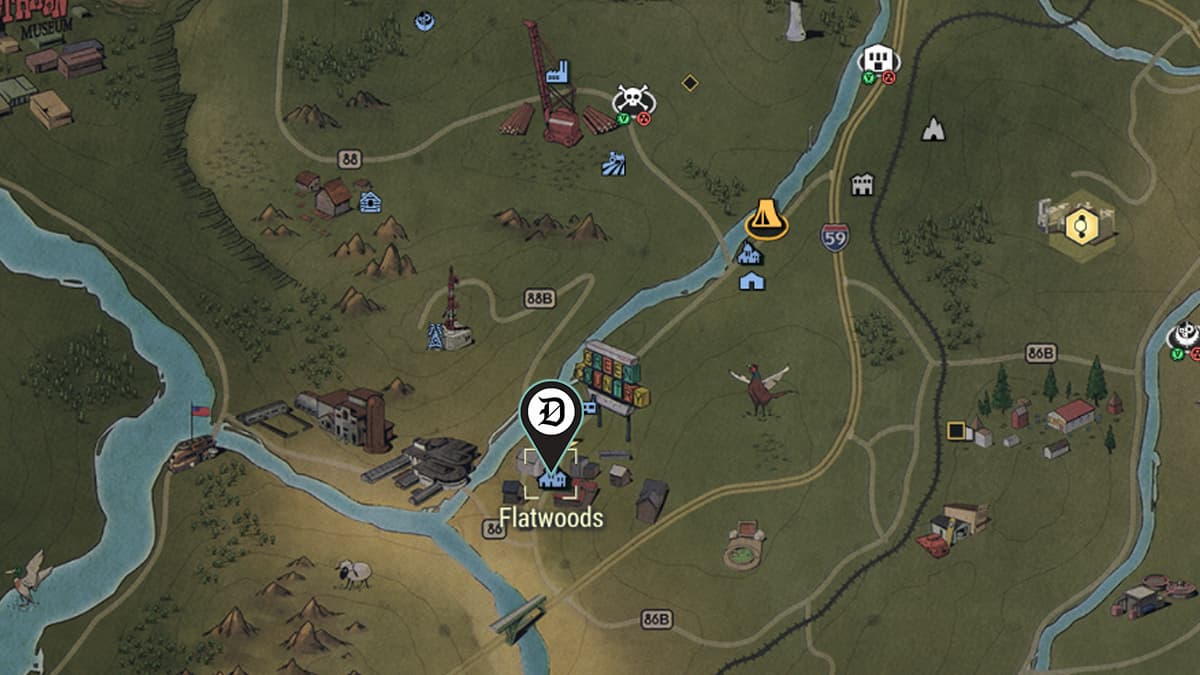 the Fallout 76 map with the Dot Esports icon on top of Flatwoods.