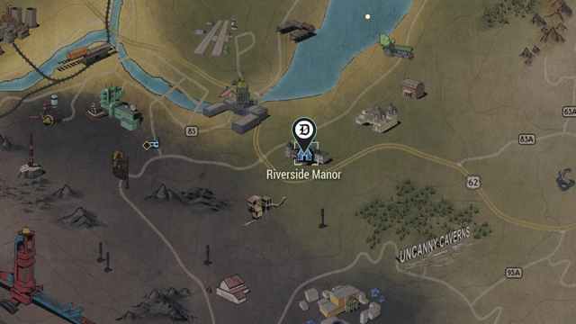 Riverside Manor in the Fallout 76 map with the Dot Esports icon.