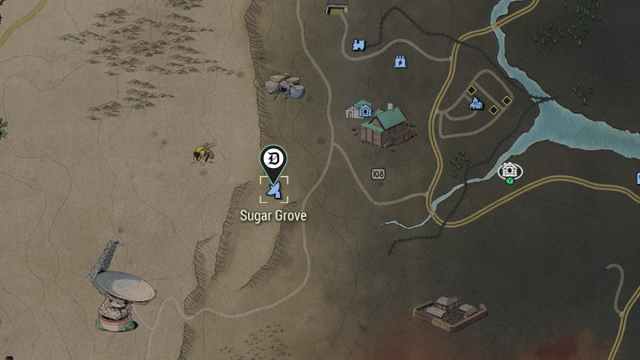 Sugar Grove in the Fallout 76 map with the Dot Esports icon.