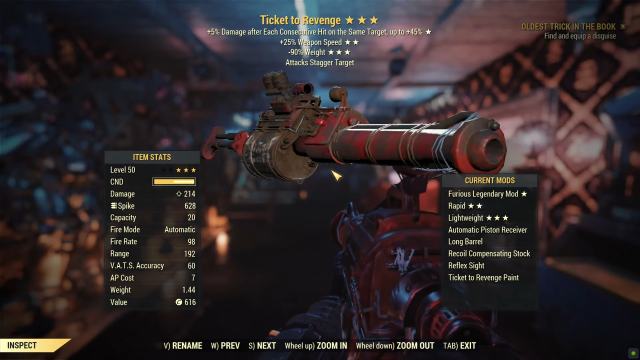 Ticket to Revenge legendary rifle inside Fallout 76 UI with item stats and current mods listed