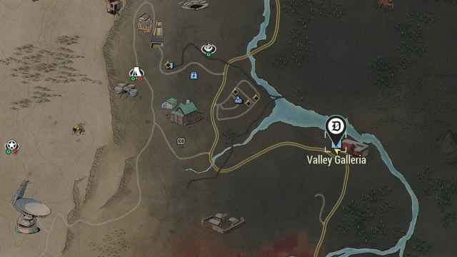 Valley Galleria with the Dot Esports map icon in the Fallout 76 map.