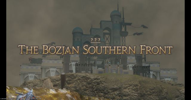 Some tall ruined buildings over a battlefield in the Bozjan Southern front in Final Fantasy XIV: Shadowbringers.