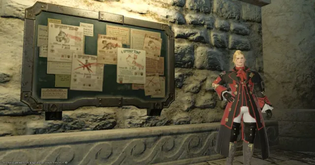 The Huntmaster of the Maelstrom Grand Company stands beside the Hunt Board in Final Fantasy XIV.