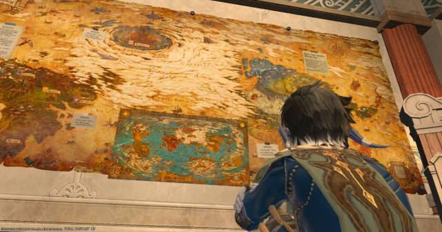 A FInal Fantasy XIV player character stares at a huge map of Etheirys as well as a smaller map that includes Tural, the new continent that Dawntrail will take place in.