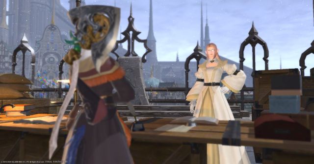 A player character in Final Fantasy XIV converses with Enie, an elezen vendor in the Firmament.