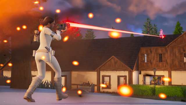 Padme firing a Tri-Beam Laser Rifle in Fortnite.