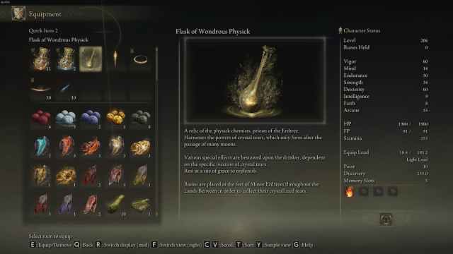 Flask of Wondrous Physick item description in Elden Ring.