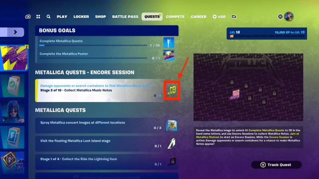 Metallica Quest in Fortnite quest log Chapter Five, season three