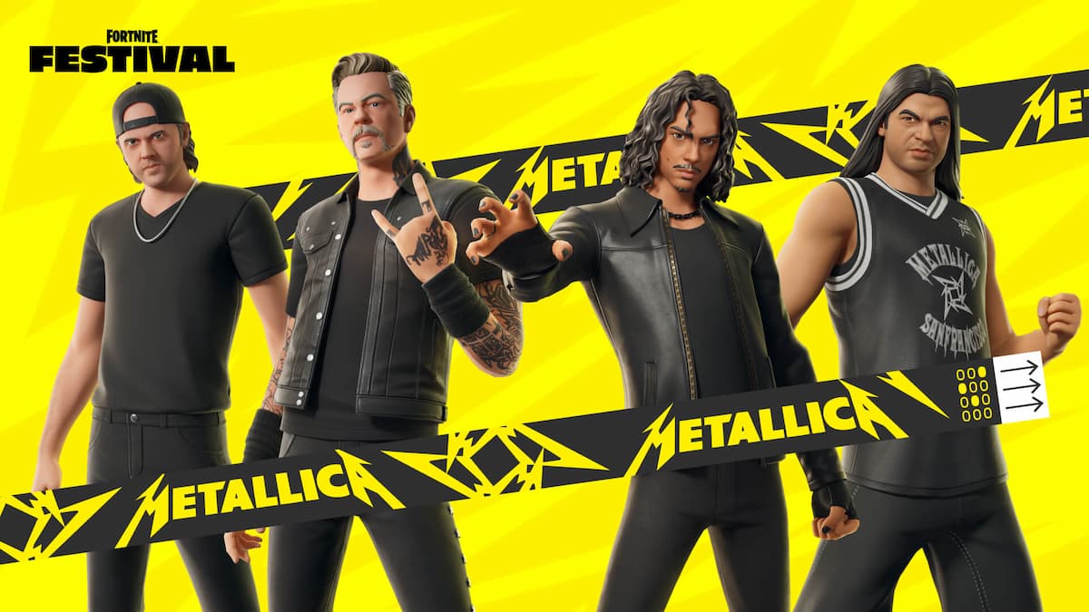 Fortnite Metallica skins on a yellow background