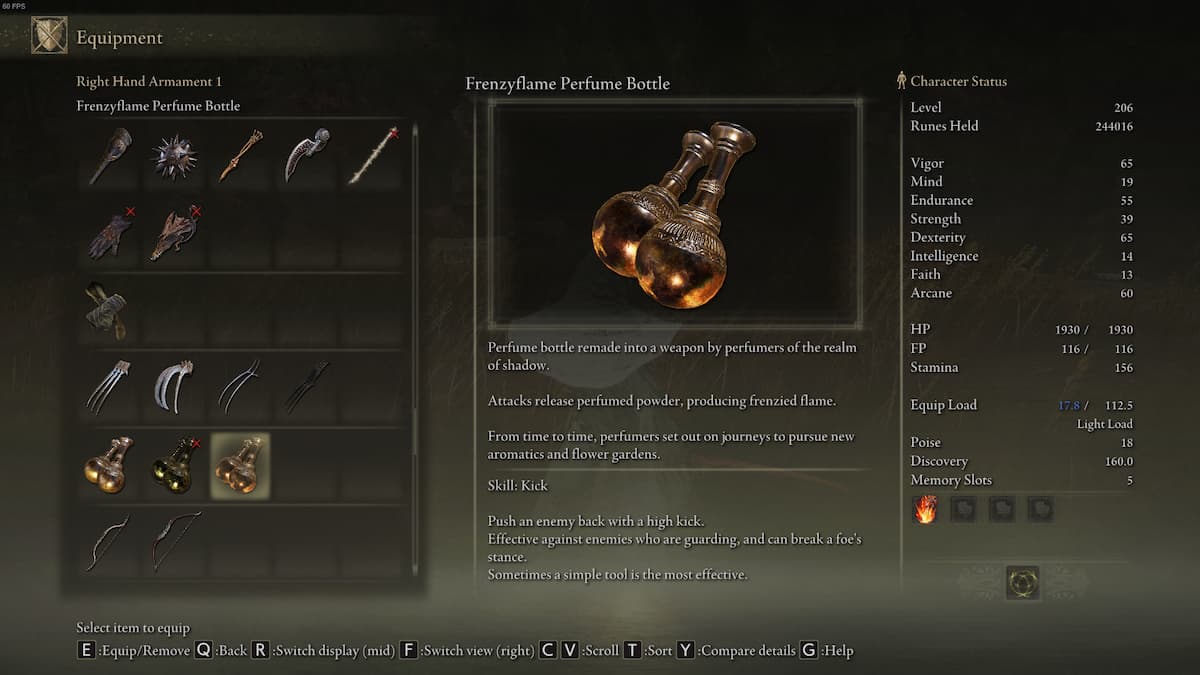 Item description of Frenzyflame Perfume Bottle in Elden Ring Shadow of the Erdtree.