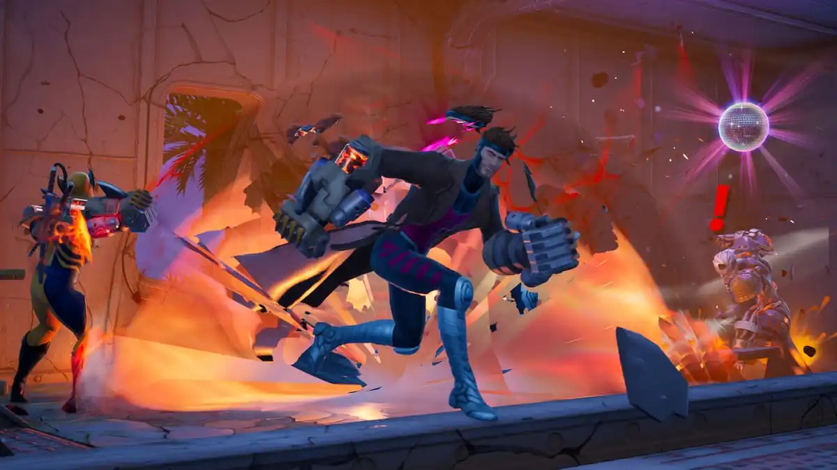 Gambit, Wolverine, and Deadpool fighting Megalo Don in Fortnite.