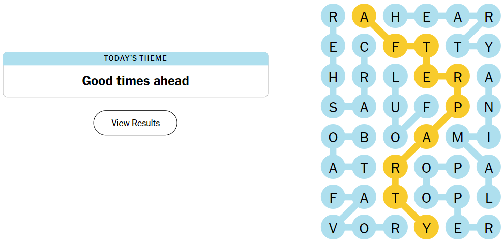 A fully solved Strands board with a yellow highlight on the Spangram.