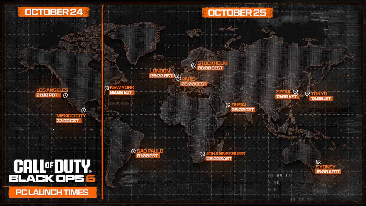 A map of the world indicating when Black Ops 6 launches on PC in all different regions.