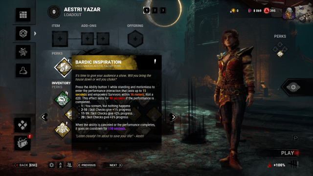 DBD loadout screen showing details of the Bardic Inspiration Perk