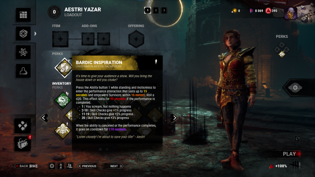 DBD loadout screen showing details of the Bardic Inspiration Perk