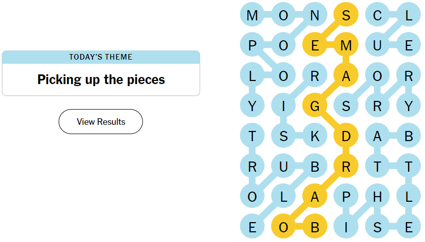 A solved Strands board with a highlight on the center word, the Spangram, in yellow.