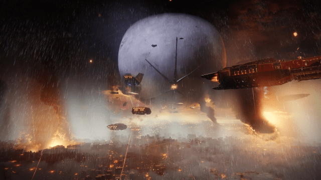 Cabal ships fly over the Last City on Earth, preparing to capture the Traveler in Destiny 2.
